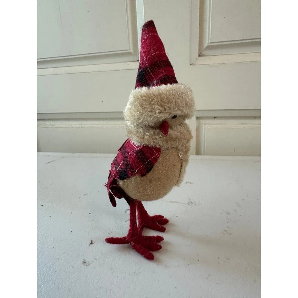 Holiday Christmas Standing Bird Chick Fuzzy Scarf Plaid Hat Shelf Sitter
